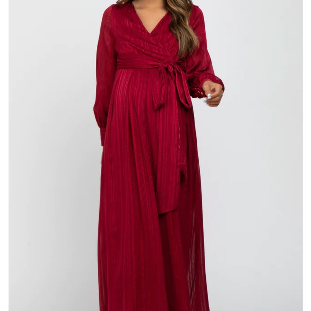 Burgundy Metallic Striped Chiffon Maternity Maxi Dress